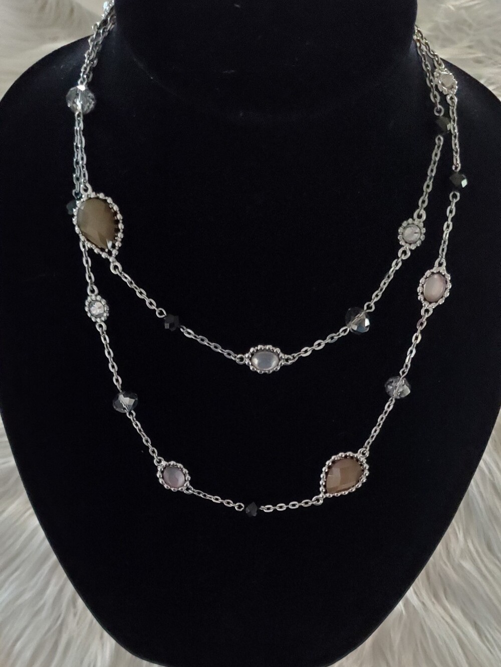 White House Black Market Silver Station Necklace Gray Black  Crystal Beaded